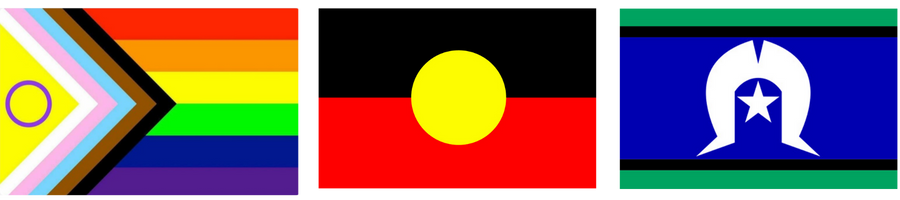 Three flags side-by-side; the Pride flag, Aboriginal flag, and Torres Strait Island flag