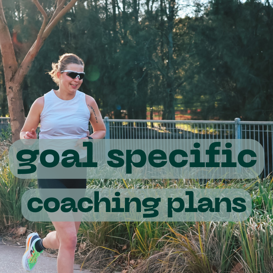 Annika (Lead Coach) running outdoors with text overlay "goal-specific coaching plans".